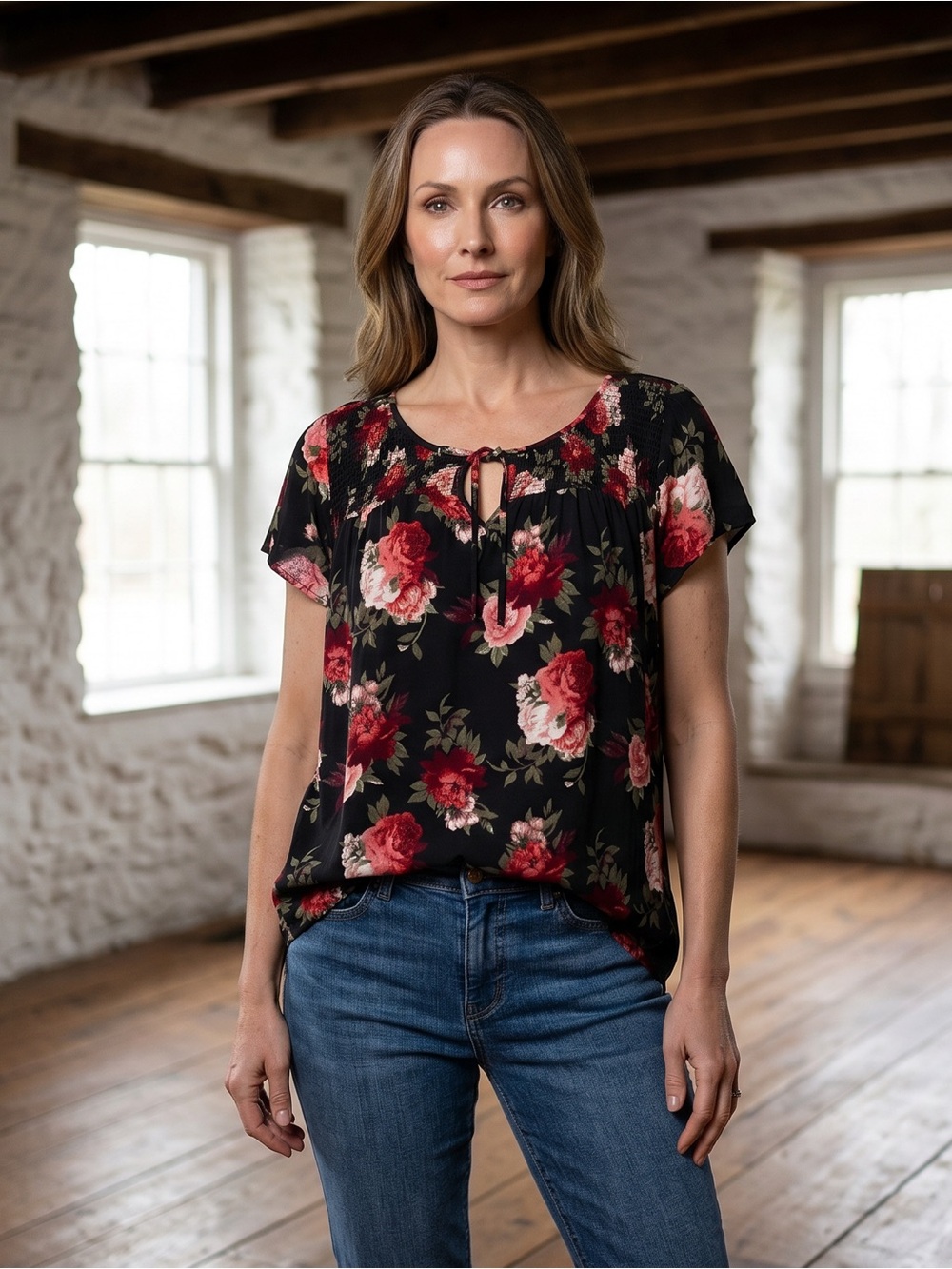 Faded Glory Black Floral Rose Keyhole Neckline Tie-Front Short Sleeveless Blouse